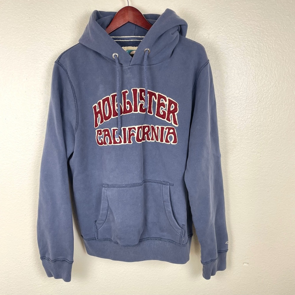 Y2K 90s Hollister Mens Hoodie Sz L Hooded Sweatshirt Logo Navy Blue Pullover